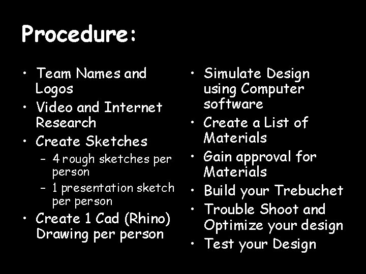 Procedure: • Team Names and Logos • Video and Internet Research • Create Sketches