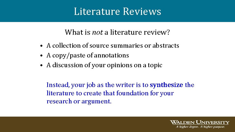 Literature Reviews What is not a literature review? • A collection of source summaries