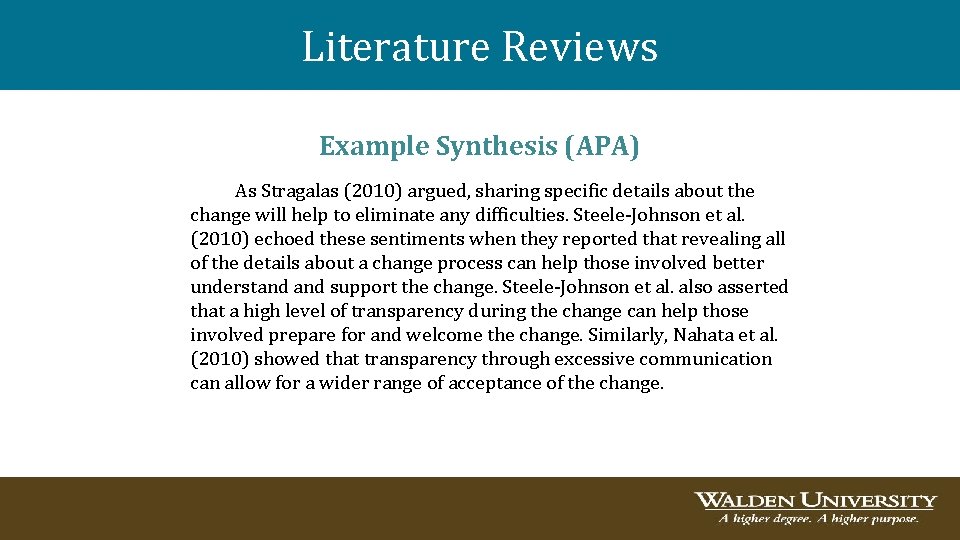 Literature Reviews Example Synthesis (APA) As Stragalas (2010) argued, sharing specific details about the