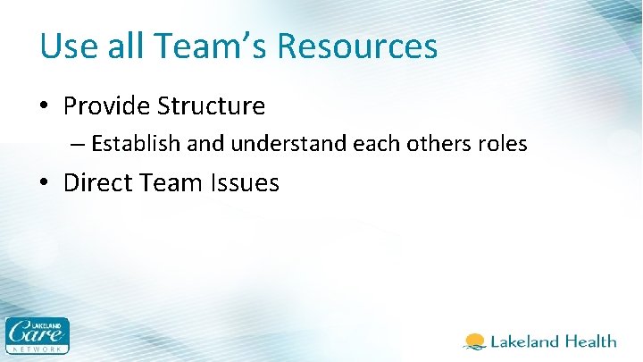 Use all Team’s Resources • Provide Structure – Establish and understand each others roles