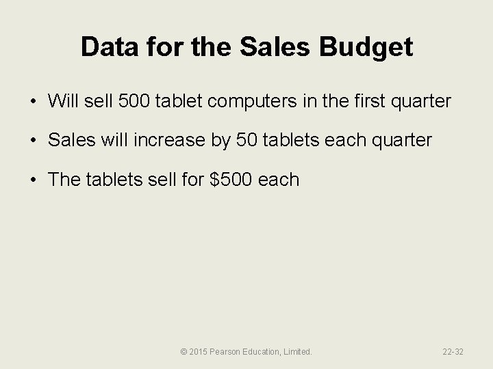 Data for the Sales Budget • Will sell 500 tablet computers in the first