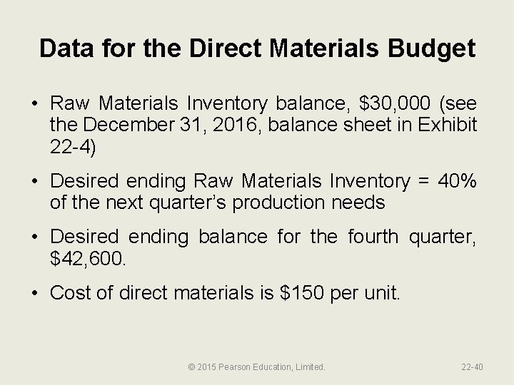 Data for the Direct Materials Budget • Raw Materials Inventory balance, $30, 000 (see
