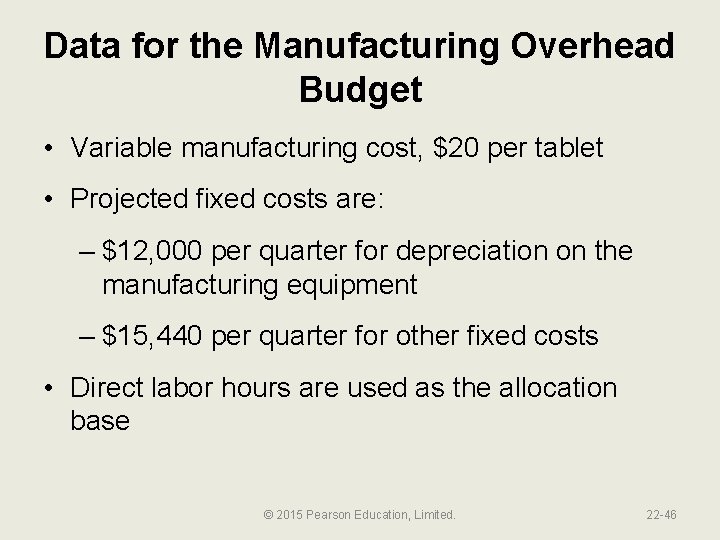Data for the Manufacturing Overhead Budget • Variable manufacturing cost, $20 per tablet •