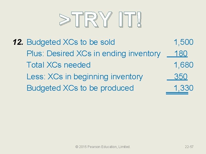 >TRY IT! 12. Budgeted XCs to be sold Plus: Desired XCs in ending inventory