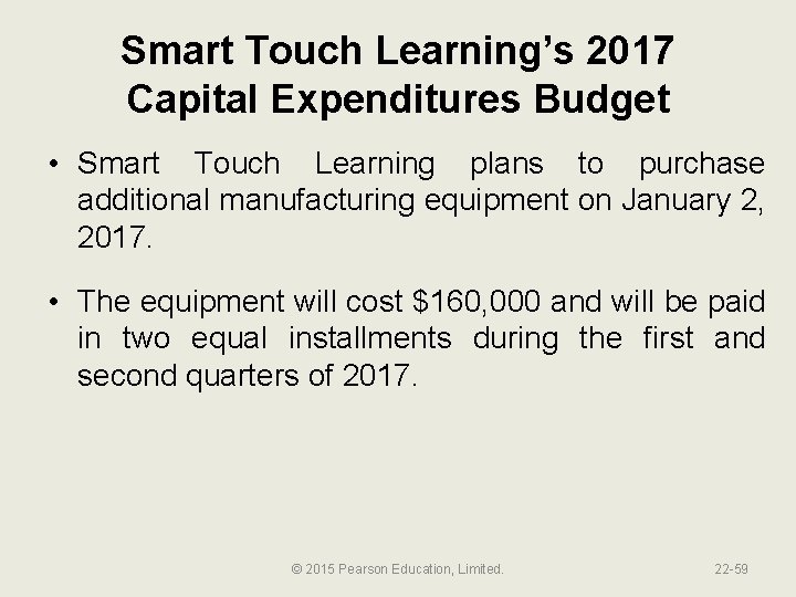 Smart Touch Learning’s 2017 Capital Expenditures Budget • Smart Touch Learning plans to purchase