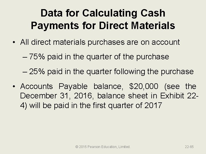 Data for Calculating Cash Payments for Direct Materials • All direct materials purchases are