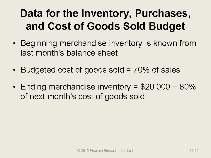 Data for the Inventory, Purchases, and Cost of Goods Sold Budget • Beginning merchandise