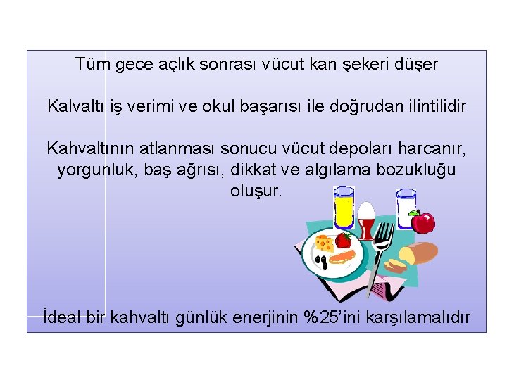 Tüm gece açlık sonrası vücut kan şekeri düşer Kalvaltı iş verimi ve okul başarısı