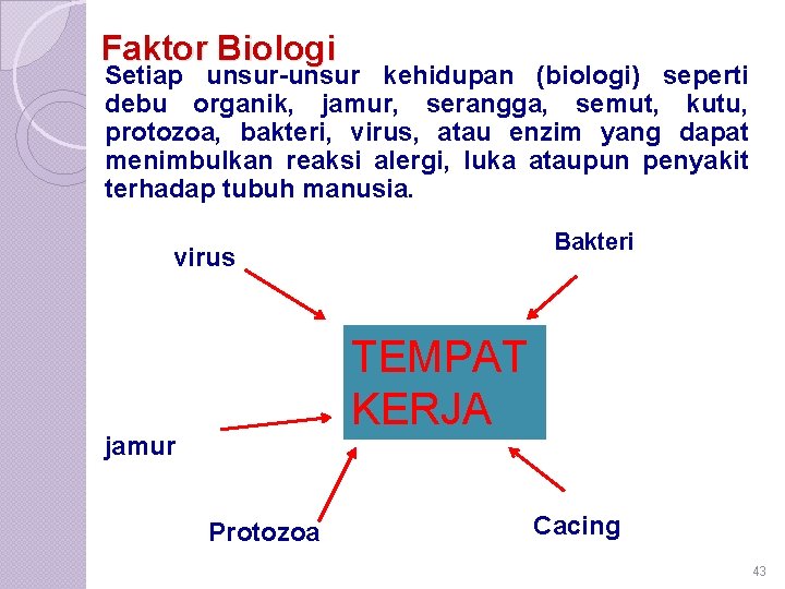 Faktor Biologi Setiap unsur-unsur kehidupan (biologi) seperti debu organik, jamur, serangga, semut, kutu, protozoa,