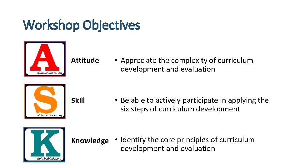 Workshop Objectives Attitude • Appreciate the complexity of curriculum development and evaluation Skill •