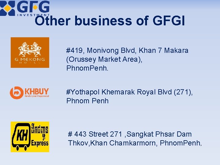 Other business of GFGI #419, Monivong Blvd, Khan 7 Makara (Orussey Market Area), Phnom.