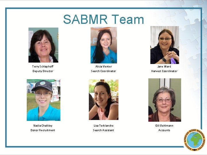 SABMR Team Terry Schlaphoff Deputy Director Alicia Venter Search Coordinator Jane Ward Harvest Coordinator