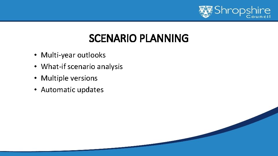 SCENARIO PLANNING • • Multi-year outlooks What-if scenario analysis Multiple versions Automatic updates 