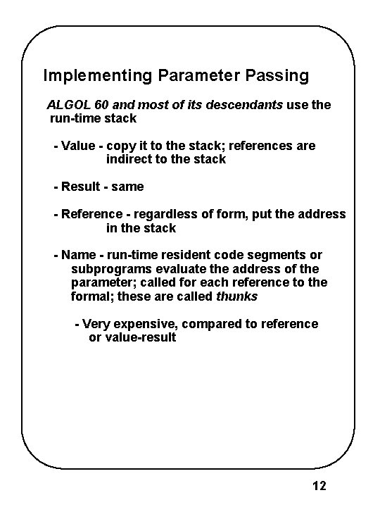 Implementing Parameter Passing ALGOL 60 and most of its descendants use the run-time stack Implementing Parameter Passing ALGOL 60 and most of its descendants use the run-time stack