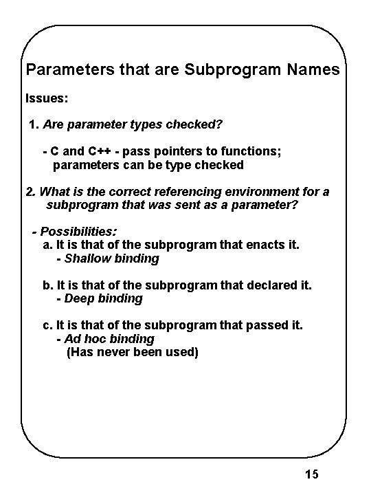 Parameters that are Subprogram Names Issues: 1. Are parameter types checked? - C and Parameters that are Subprogram Names Issues: 1. Are parameter types checked? - C and