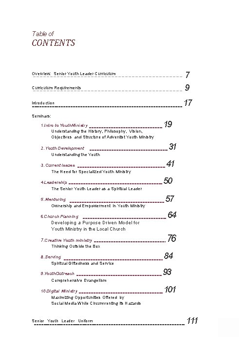 Table of CONTENTS 7 9 Overview: Senior Youth Leader Curriculum Requirements 17 Introduction Seminars: