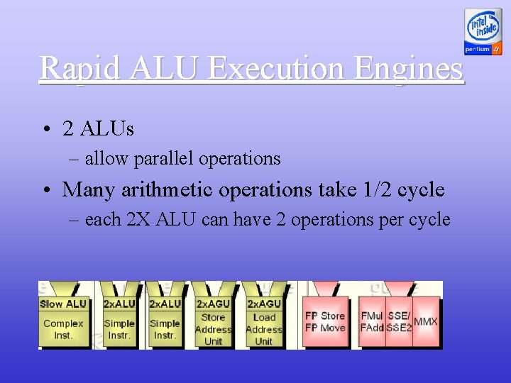 Rapid ALU Execution Engines • 2 ALUs – allow parallel operations • Many arithmetic