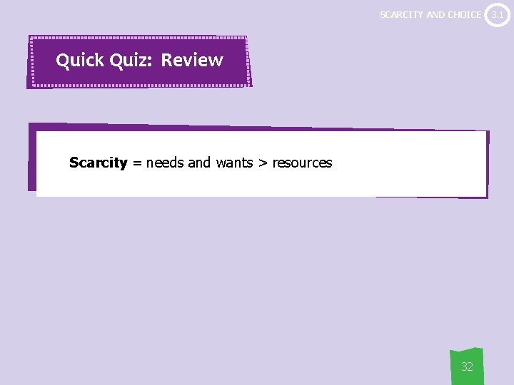 SCARCITY AND CHOICE Quick Quiz: Review Scarcity = needs and wants > resources 32