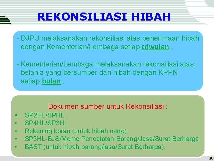 REKONSILIASI HIBAH - DJPU melaksanakan rekonsiliasi atas penerimaan hibah dengan Kementerian/Lembaga setiap triwulan. -