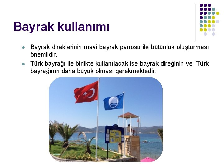 Bayrak kullanımı l l Bayrak direklerinin mavi bayrak panosu ile bütünlük oluşturması önemlidir. Türk