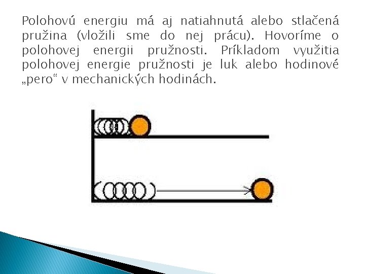 Polohovú energiu má aj natiahnutá alebo stlačená pružina (vložili sme do nej prácu). Hovoríme