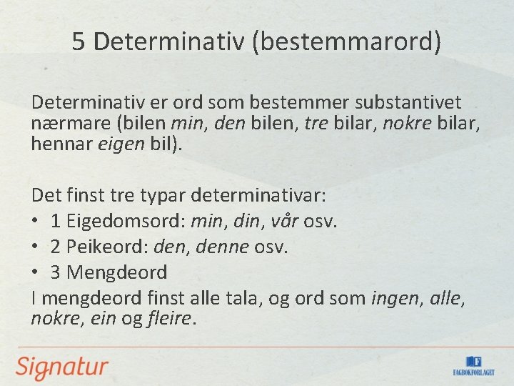 5 Determinativ (bestemmarord) Determinativ er ord som bestemmer substantivet nærmare (bilen min, den bilen,