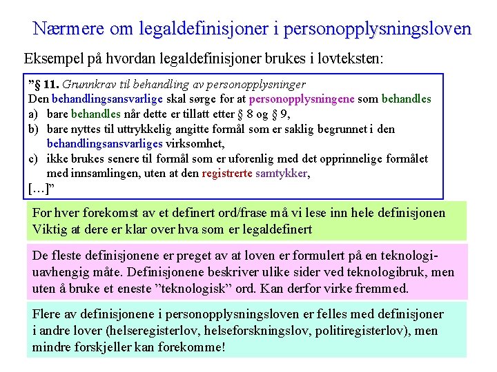 Nærmere om legaldefinisjoner i personopplysningsloven Eksempel på hvordan legaldefinisjoner brukes i lovteksten: ”§ 11. Nærmere om legaldefinisjoner i personopplysningsloven Eksempel på hvordan legaldefinisjoner brukes i lovteksten: ”§ 11.