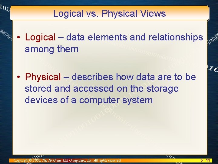 Logical vs. Physical Views • Logical – data elements and relationships among them •
