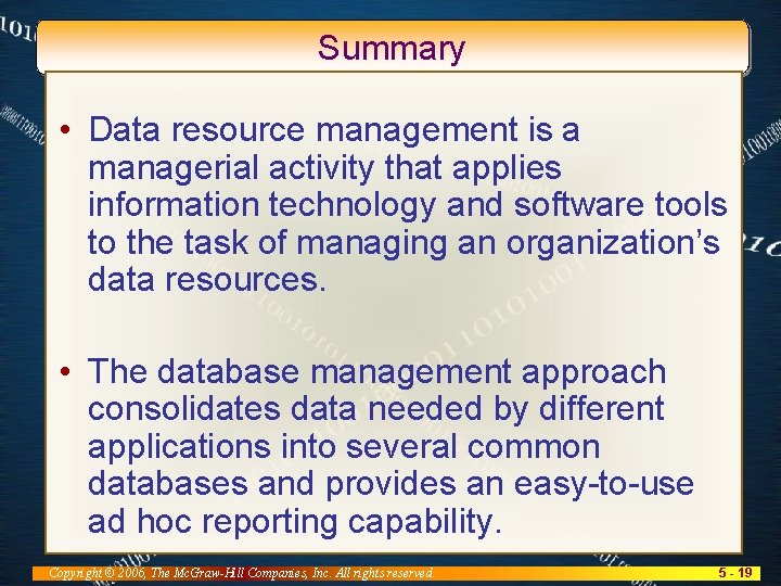 Summary • Data resource management is a managerial activity that applies information technology and