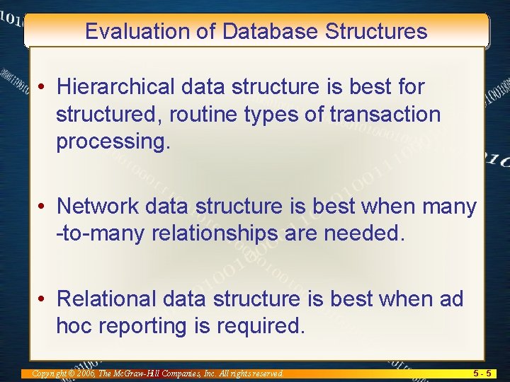 Evaluation of Database Structures • Hierarchical data structure is best for structured, routine types