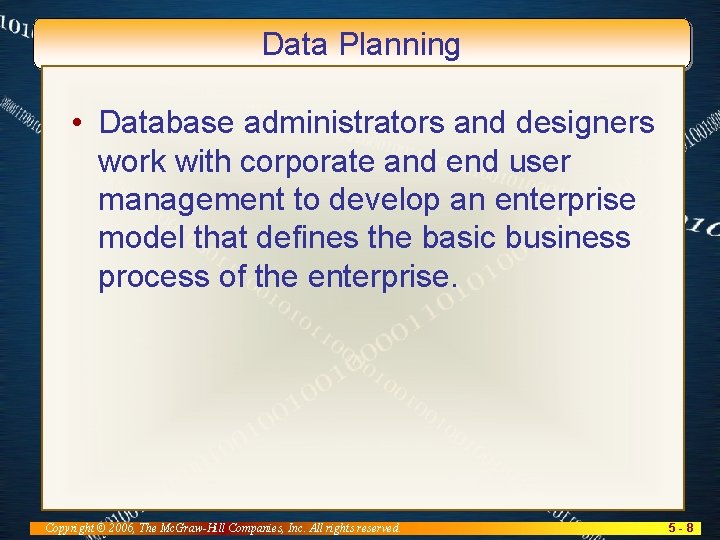 Data Planning • Database administrators and designers work with corporate and end user management