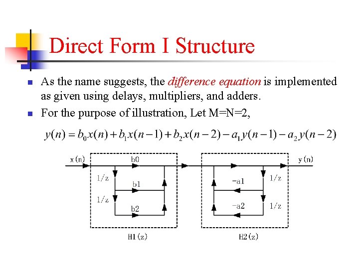 Direct Form I Structure n n As the name suggests, the difference equation is