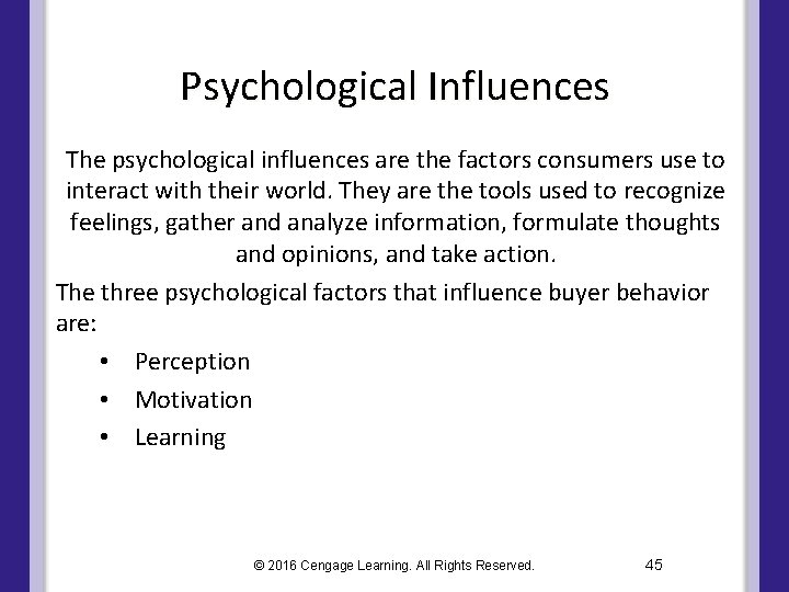 Psychological Influences The psychological influences are the factors consumers use to interact with their