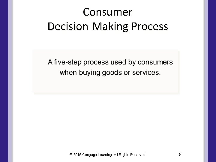 Consumer Decision-Making Process © 2016 Cengage Learning. All Rights Reserved. 8 