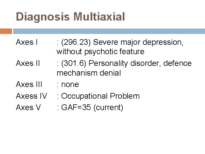 Diagnosis Multiaxial Axes III Axess IV Axes V : (296. 23) Severe major depression,