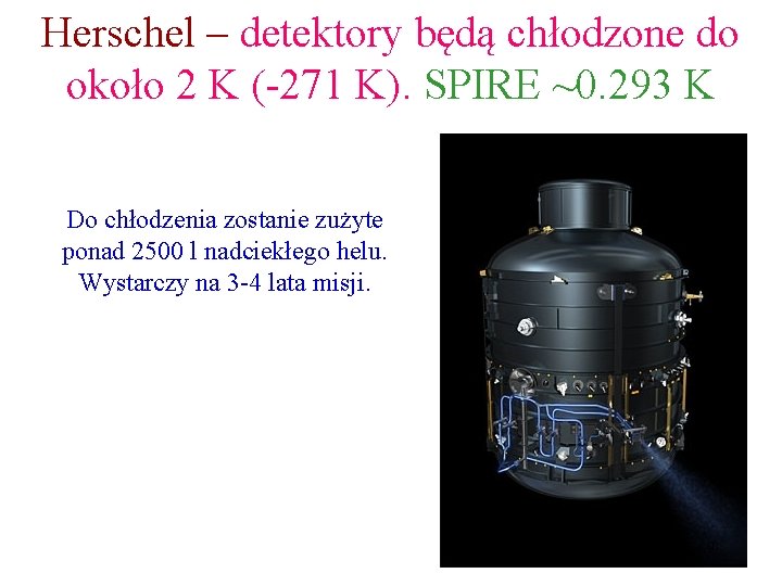 Herschel – detektory będą chłodzone do około 2 K (-271 K). SPIRE ~0. 293