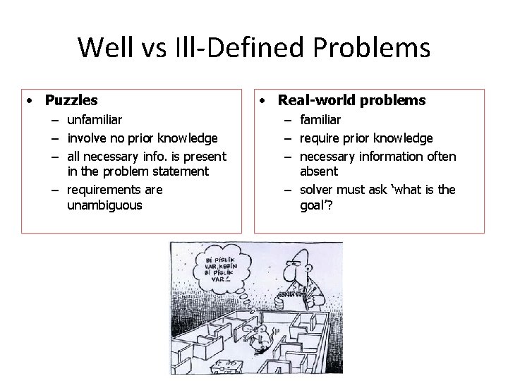 Well vs Ill-Defined Problems • Puzzles – unfamiliar – involve no prior knowledge –