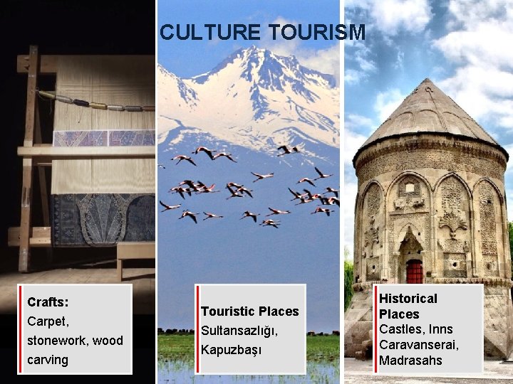 CULTURE TOURISM Crafts: Carpet, stonework, wood carving Touristic Places Sultansazlığı, Kapuzbaşı Historical Places Castles,