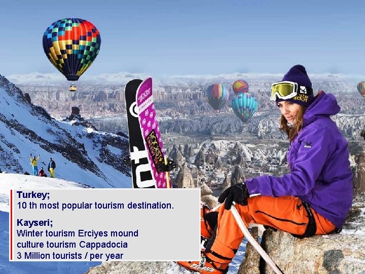 Turkey; 10 th most popular tourism destination. Kayseri; Winter tourism Erciyes mound culture tourism