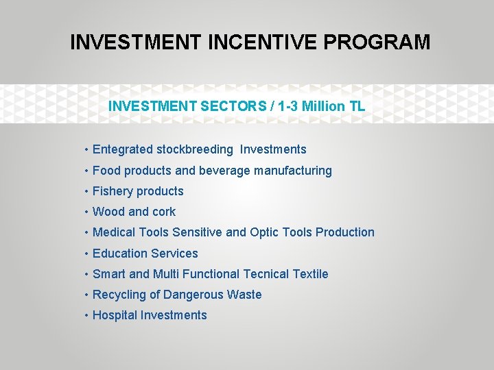 INVESTMENT INCENTIVE PROGRAM INVESTMENT SECTORS / 1 -3 Million TL • Entegrated stockbreeding Investments