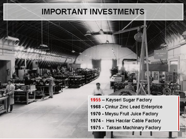 IMPORTANT INVESTMENTS 1955 – Kayseri Sugar Factory 1968 - Çinkur Zinc Lead Enterprice 1970
