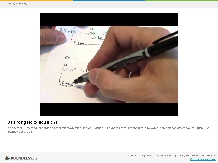 Electrochemistry Balancing redox equations An alternative method for balancing reduction/oxidation (redox) reactions. It consists