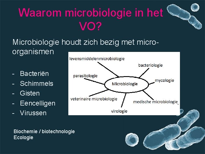 Waarom microbiologie in het VO? Microbiologie houdt zich bezig met microorganismen - Bacteriën Schimmels