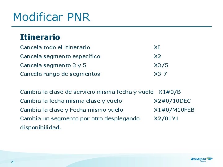 Modificar PNR Itinerario Cancela todo el itinerario XI Cancela segmento específico X 2 Cancela