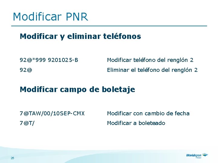 Modificar PNR Modificar y eliminar teléfonos 92@*999 9201025 -B Modificar teléfono del renglón 2