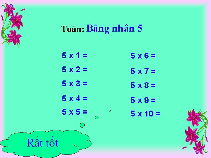 Toán: Bảng nhân 5 Rất tốt 5 x 1= 5 x 6= 5 x