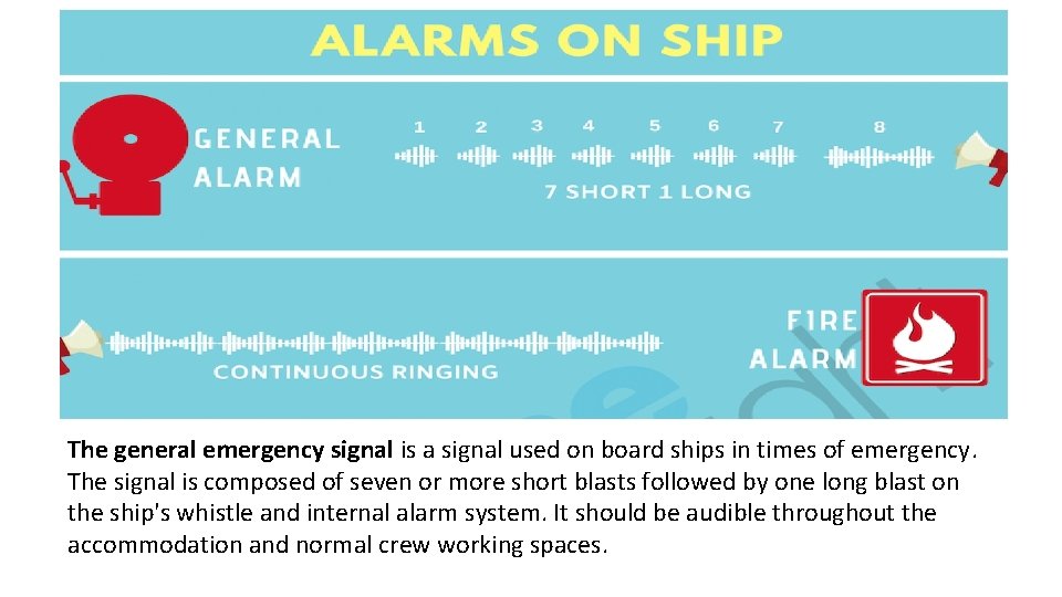 The general emergency signal is a signal used on board ships in times of