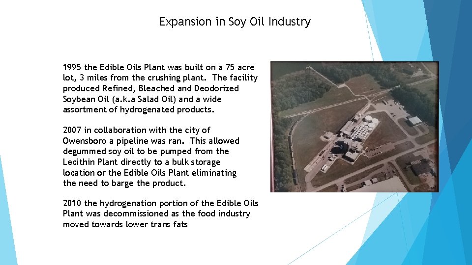 Expansion in Soy Oil Industry 1995 the Edible Oils Plant was built on a