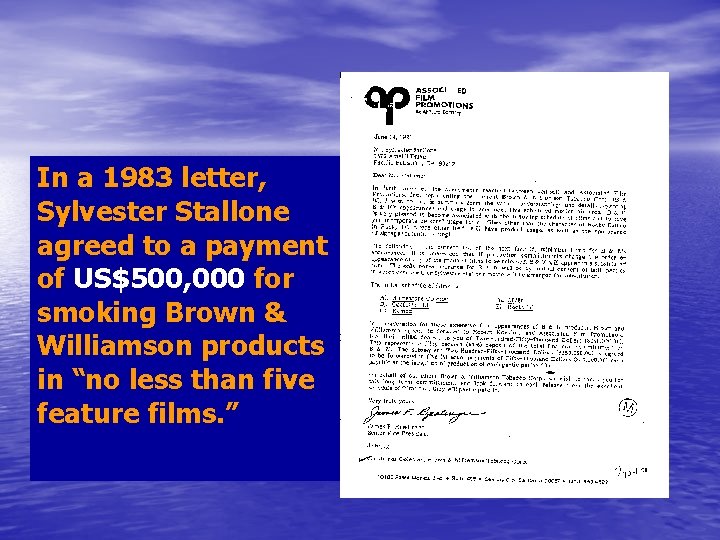 In a 1983 letter, Sylvester Stallone agreed to a payment of US$500, 000 for