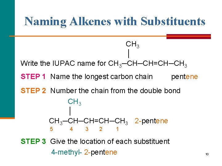 Naming Alkenes with Substituents CH 3 │ Write the IUPAC name for CH 3─CH─CH=CH─CH